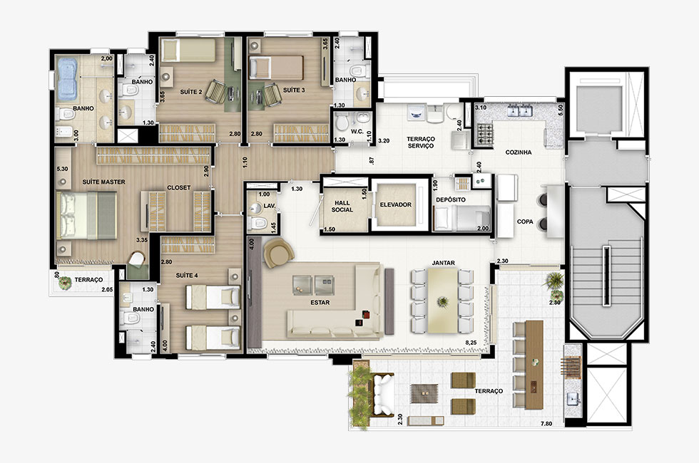 Perspectiva artística da Planta Tipo de 192m² de área privativa